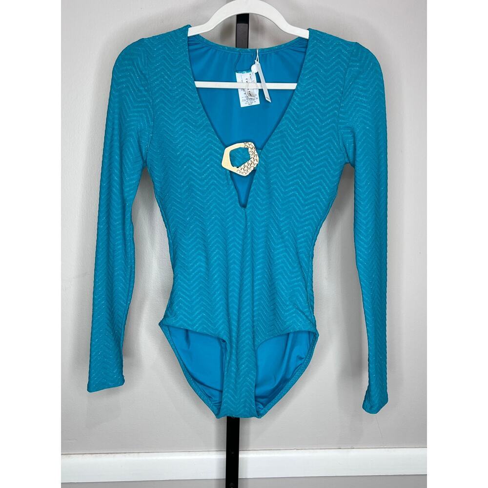 Trina Turk Empire Long Sleeve Paddle Suit Swimsuit NWT XS Turquoise Shimmer - Picture 2 of 6